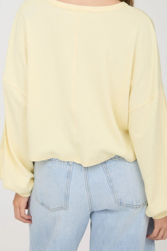 Butter Yellow Split Neck Long Sleeve Cropped Knit Top