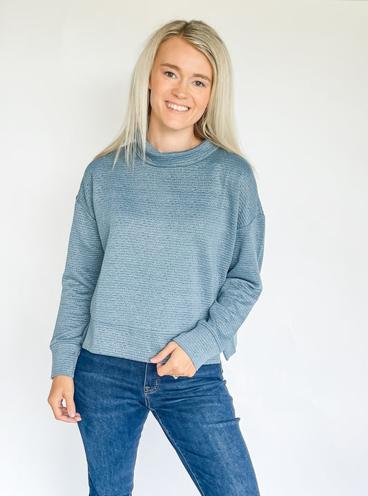 Puckered Knit Drop Shoulder Funnel Neck Top Slateblue