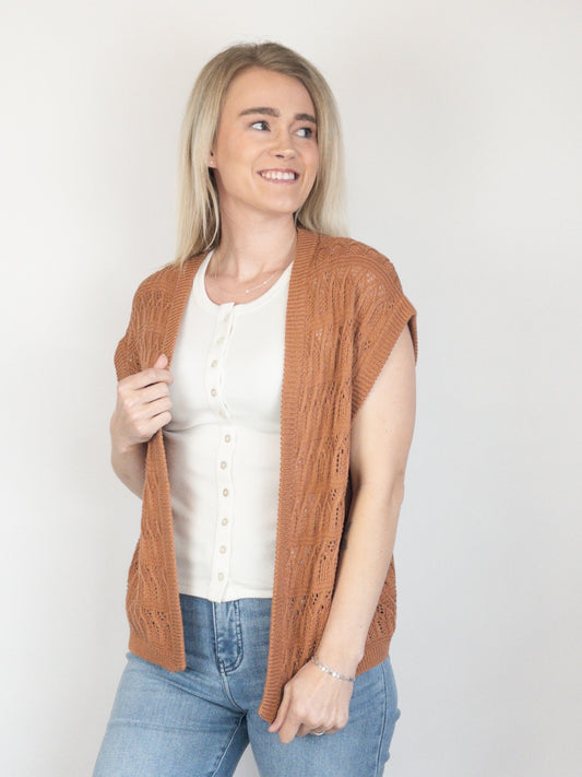 Rust Crochet Knit Open Cardigan