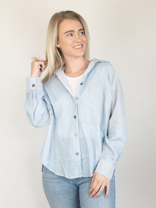 Blue Mixed Stripe Oversized Button Down Top