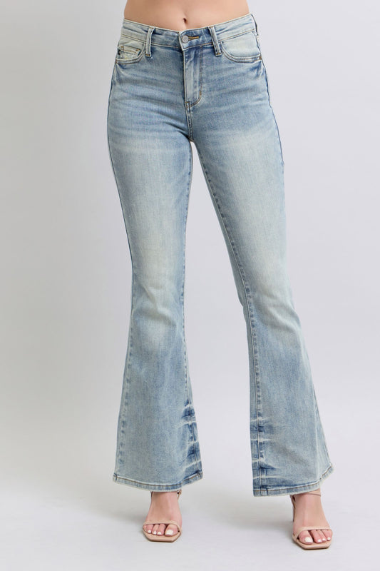 Mid Rise Tinted Pin Tack Detail Flare Jeans