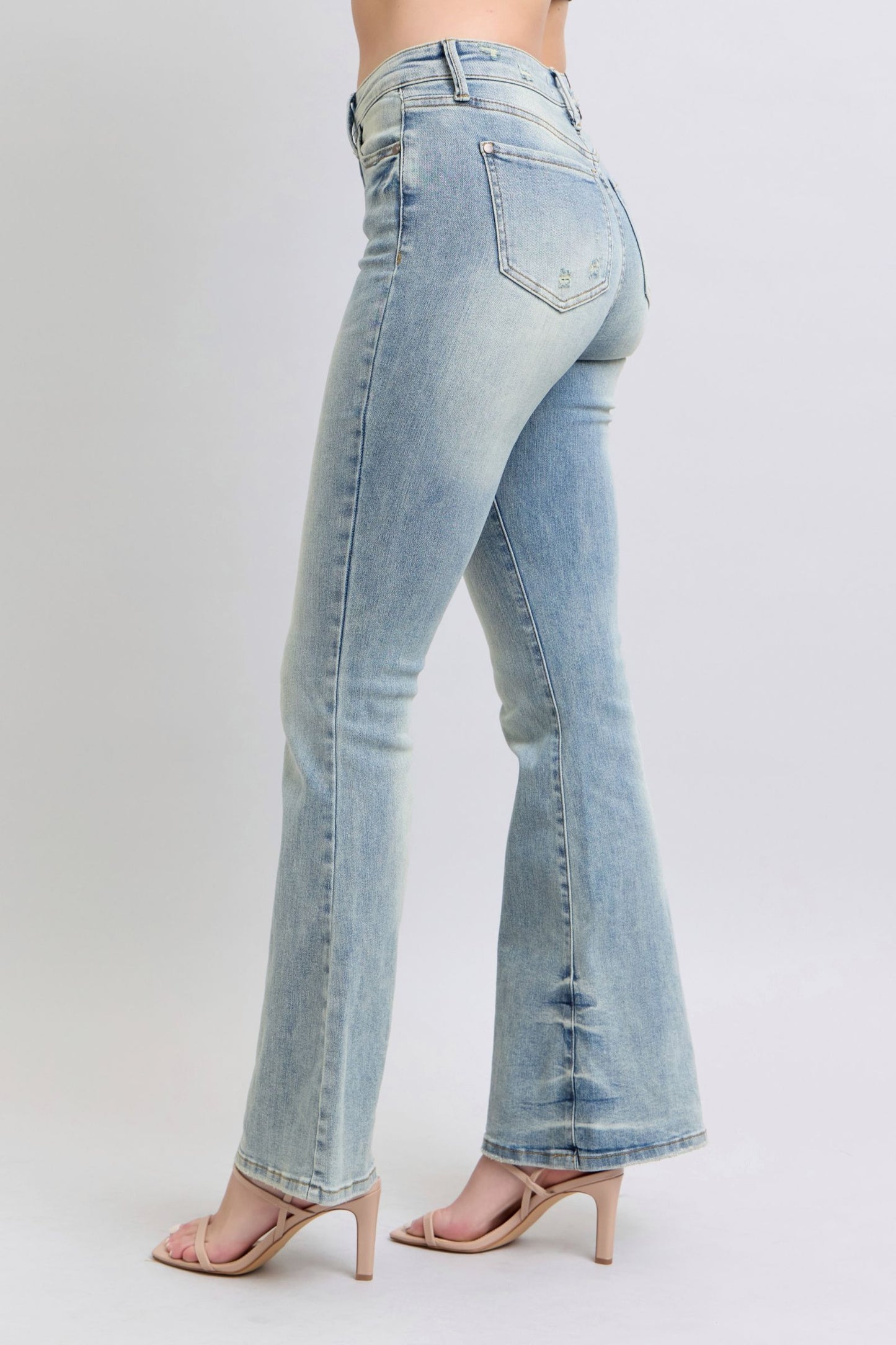 Mid Rise Tinted Pin Tack Detail Flare Jeans