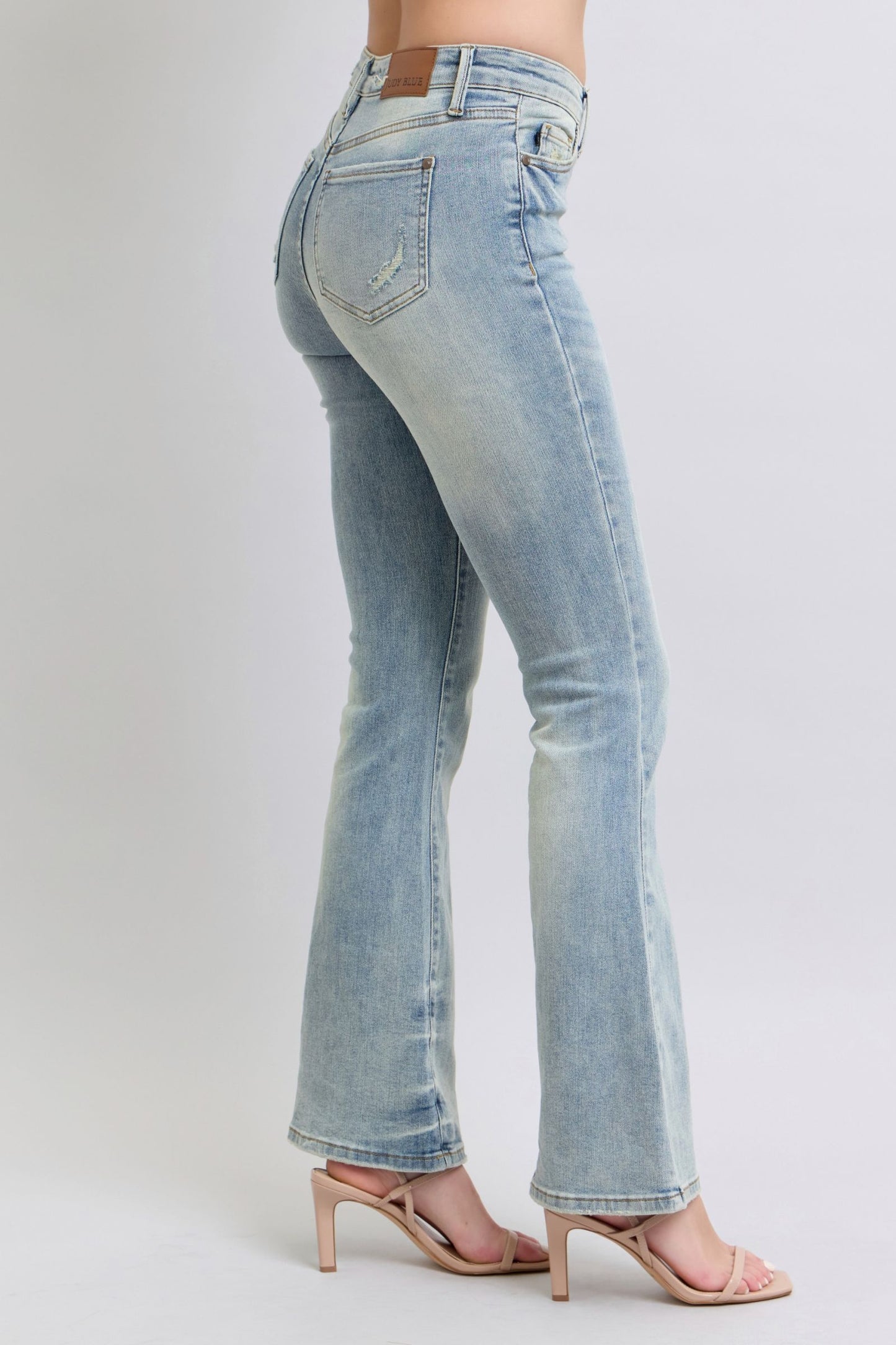 Mid Rise Tinted Pin Tack Detail Flare Jeans