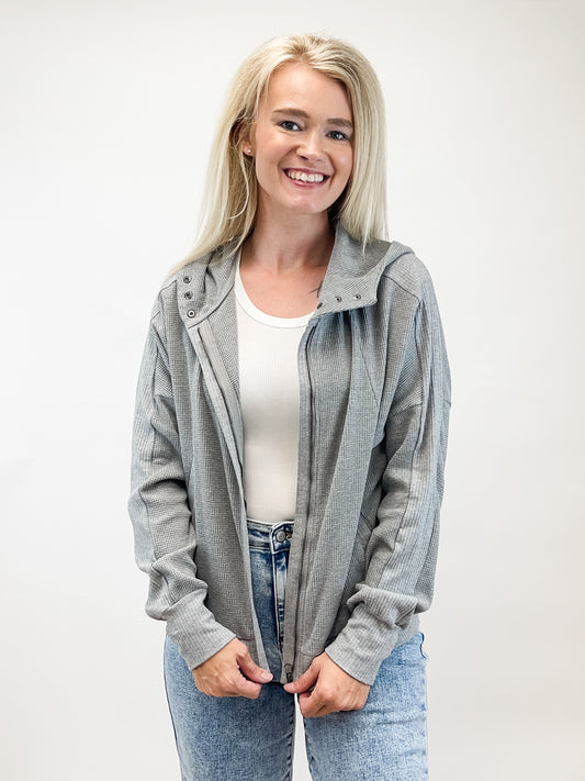 Waffle Splicing Zip Up Front Button Hooded Jacket