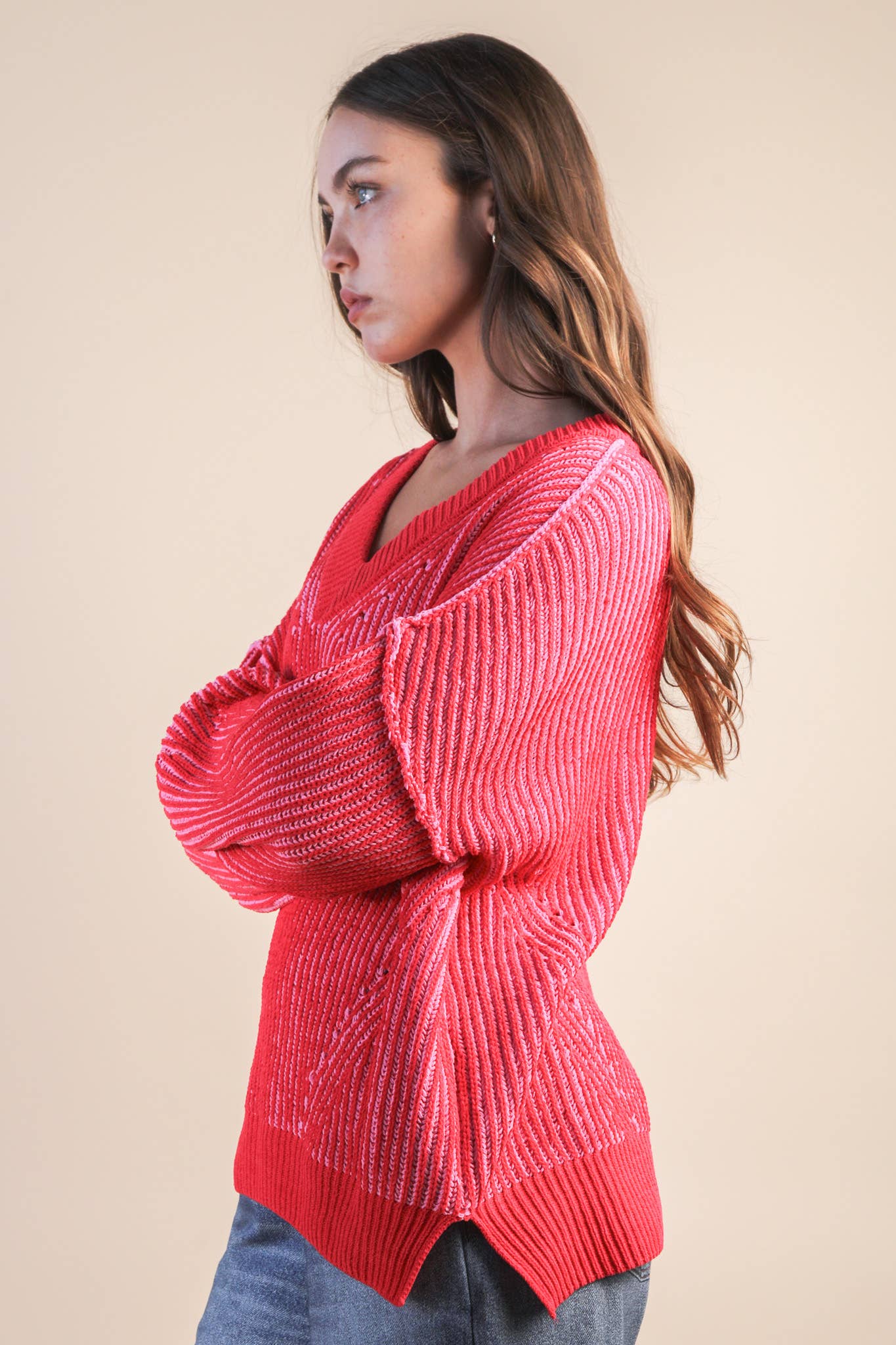 Red Ribbed V-Neck Sweater