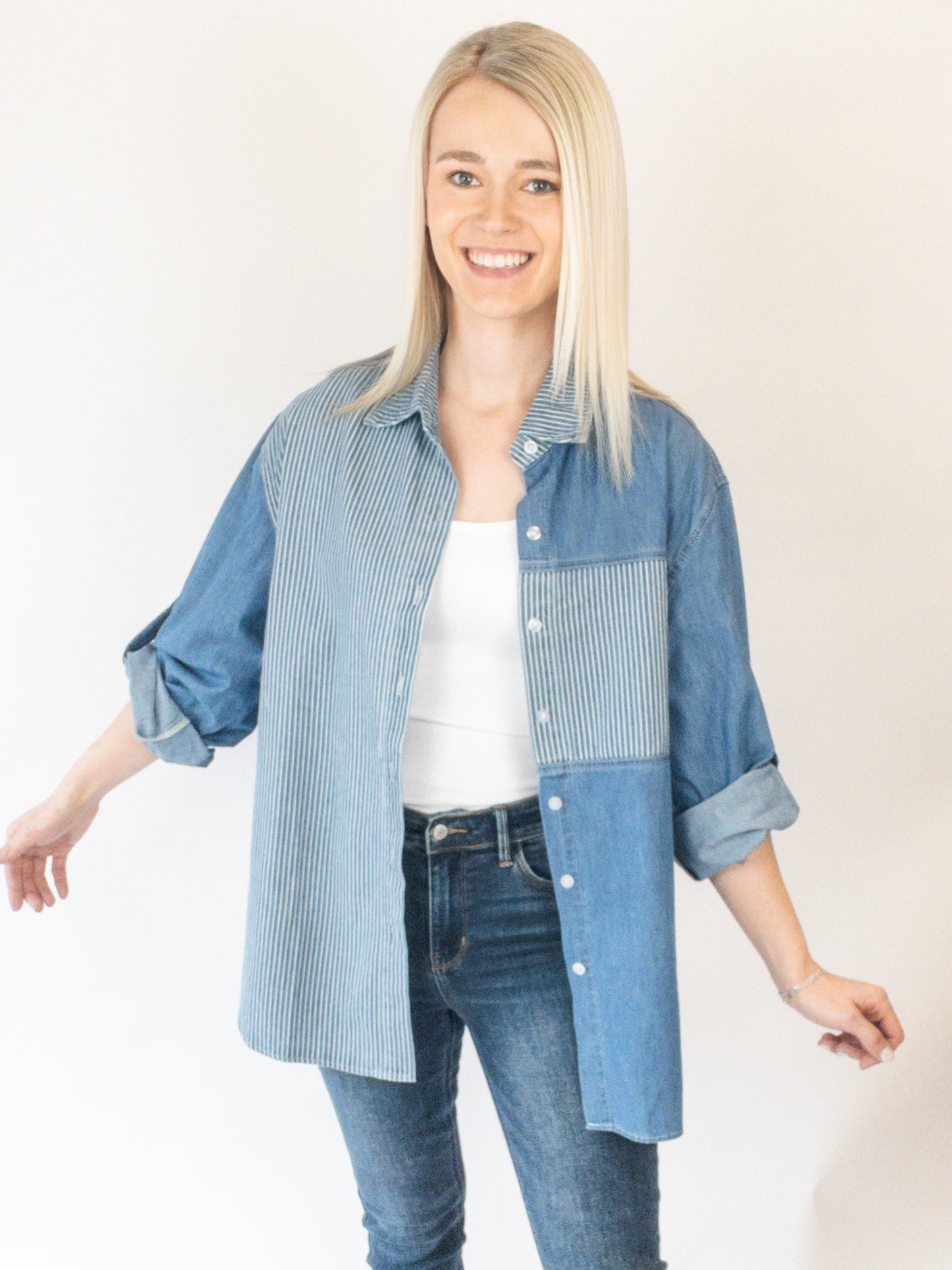 Mineral Washed Pinstripe Color Block Shirt