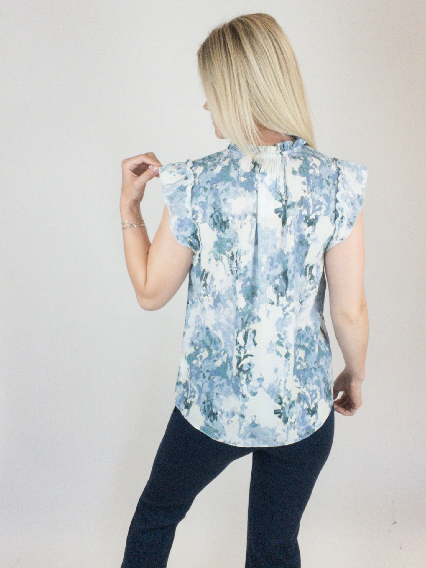 Blue Floral Sleeveless Blouse