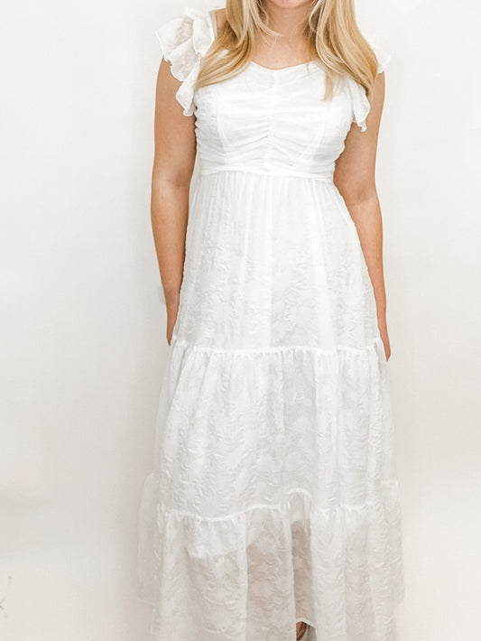 White Textured Ruffle Midi Dress