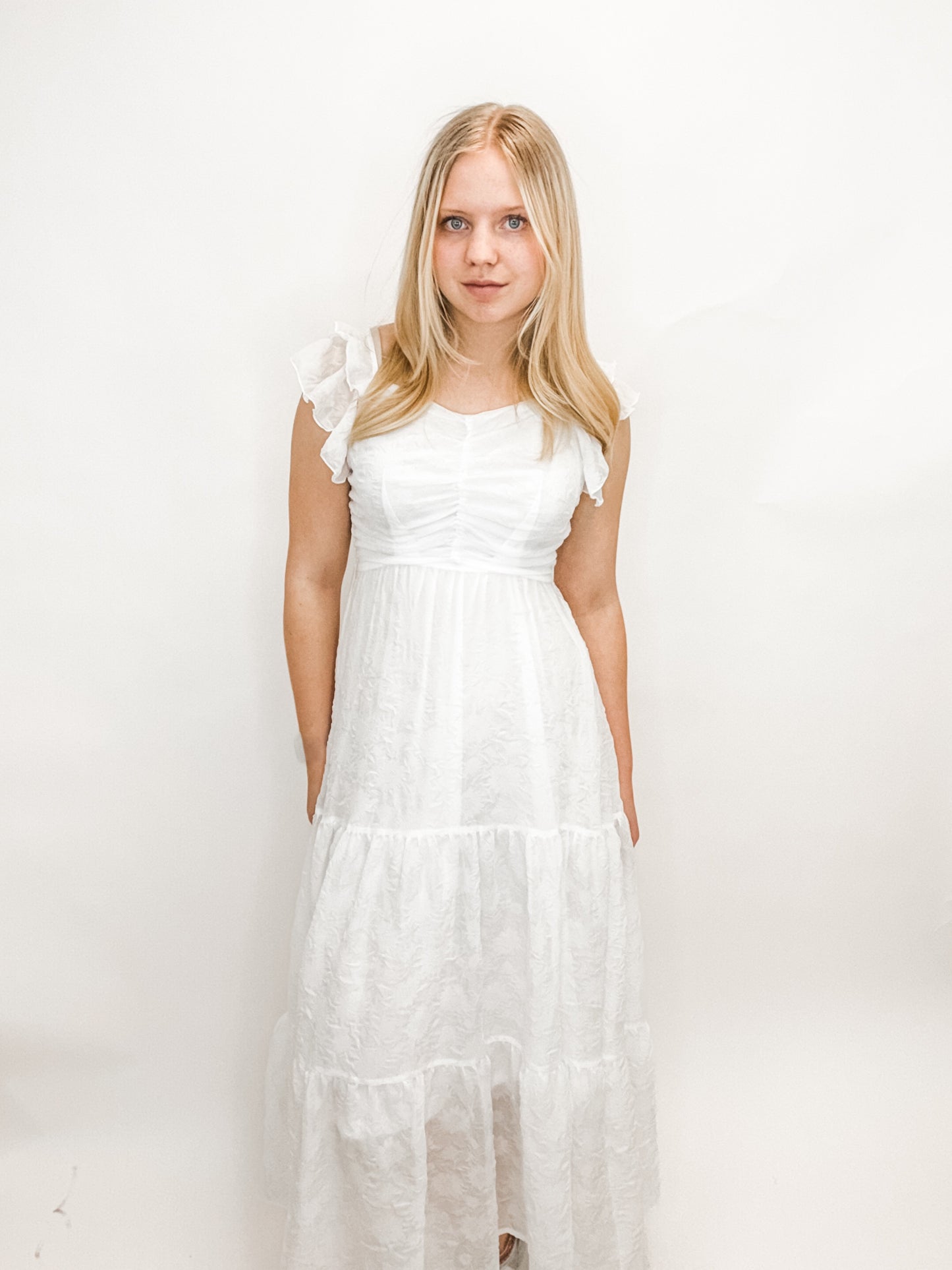 White Textured Ruffle Midi Dress