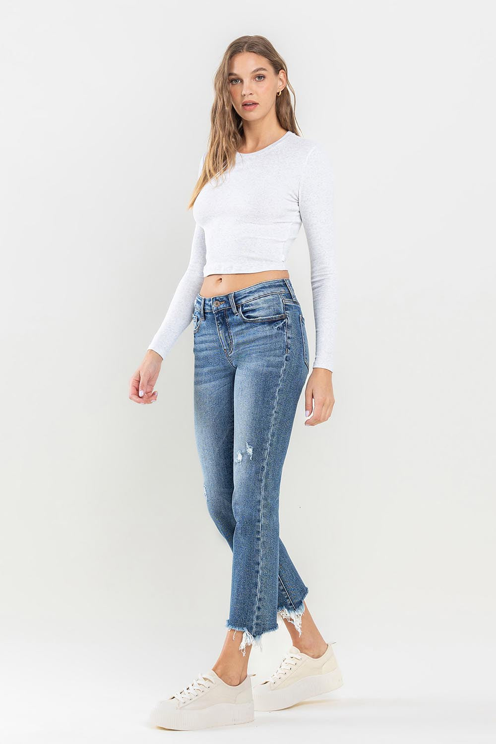 Distressed MR Ankle Bootcut Jeans