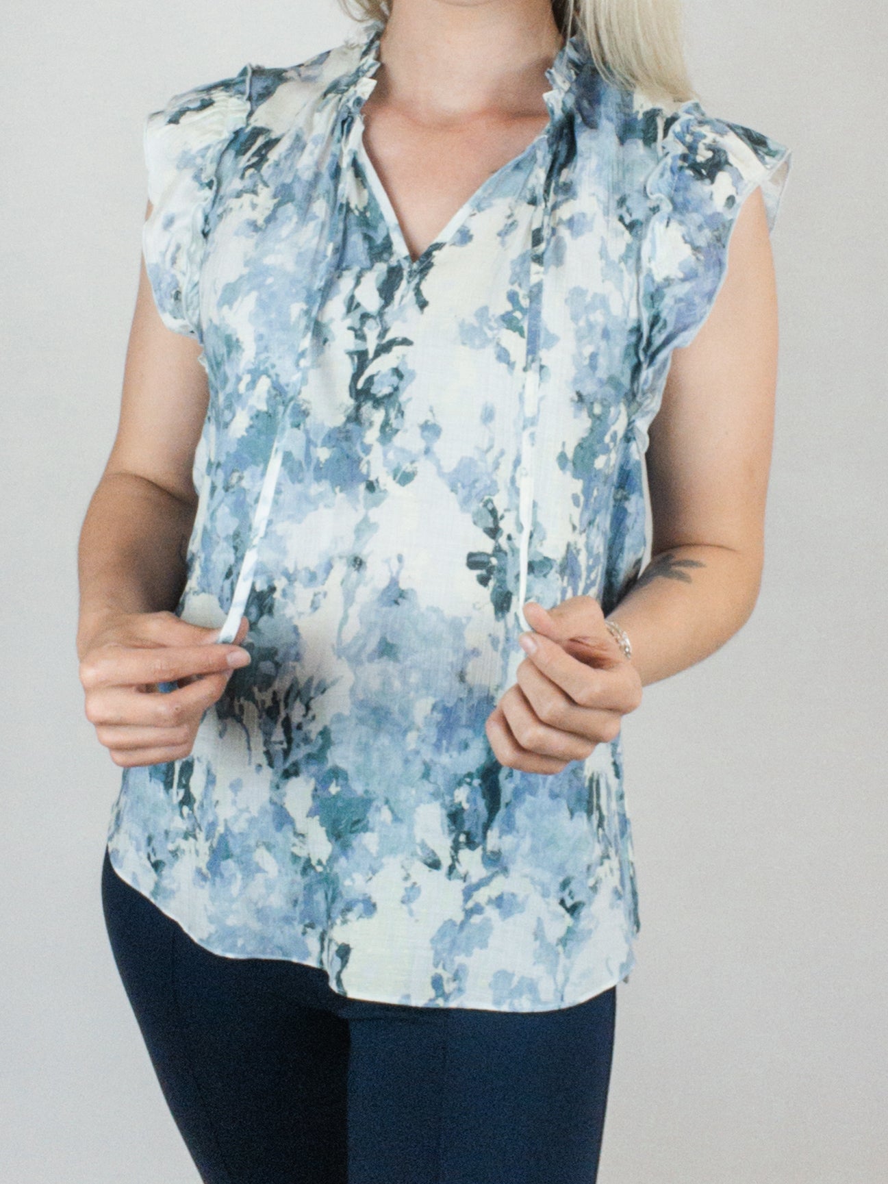 Blue Floral Sleeveless Blouse