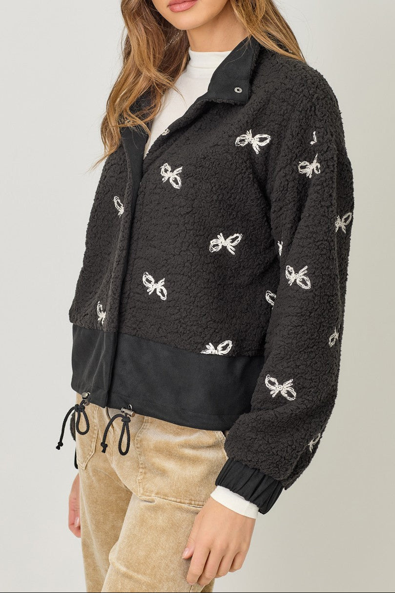 Black Bow Embroidery Mixed Jacket