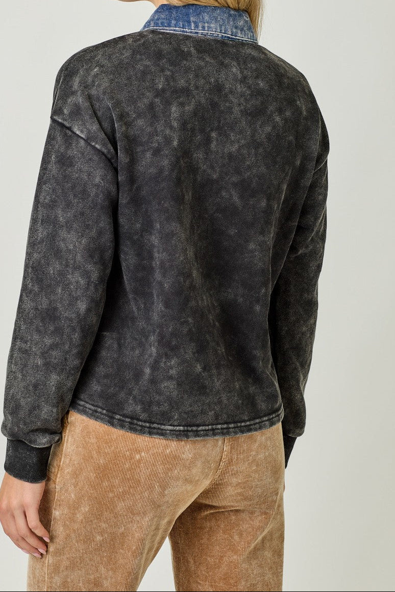 Black Denim Collar Washed Polo Shirt
