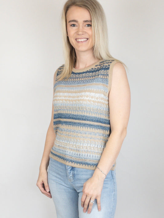 Blue Tan Crochet Stripe Tank Top