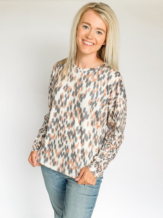 Fuzzy Soft Crew Neck Combo Print Knit Top