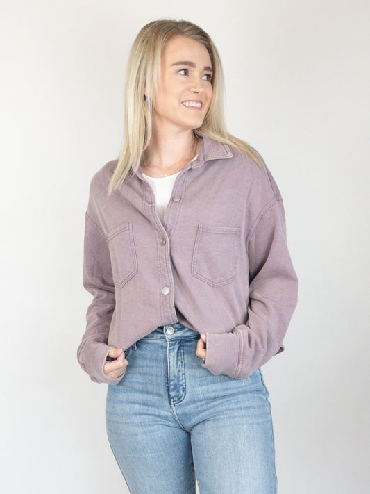 Dusty Lavender Washed Cropped Button Up