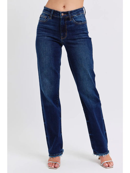 Dark Blue Mid Rise Straight Leg with Fray Hem Jeans