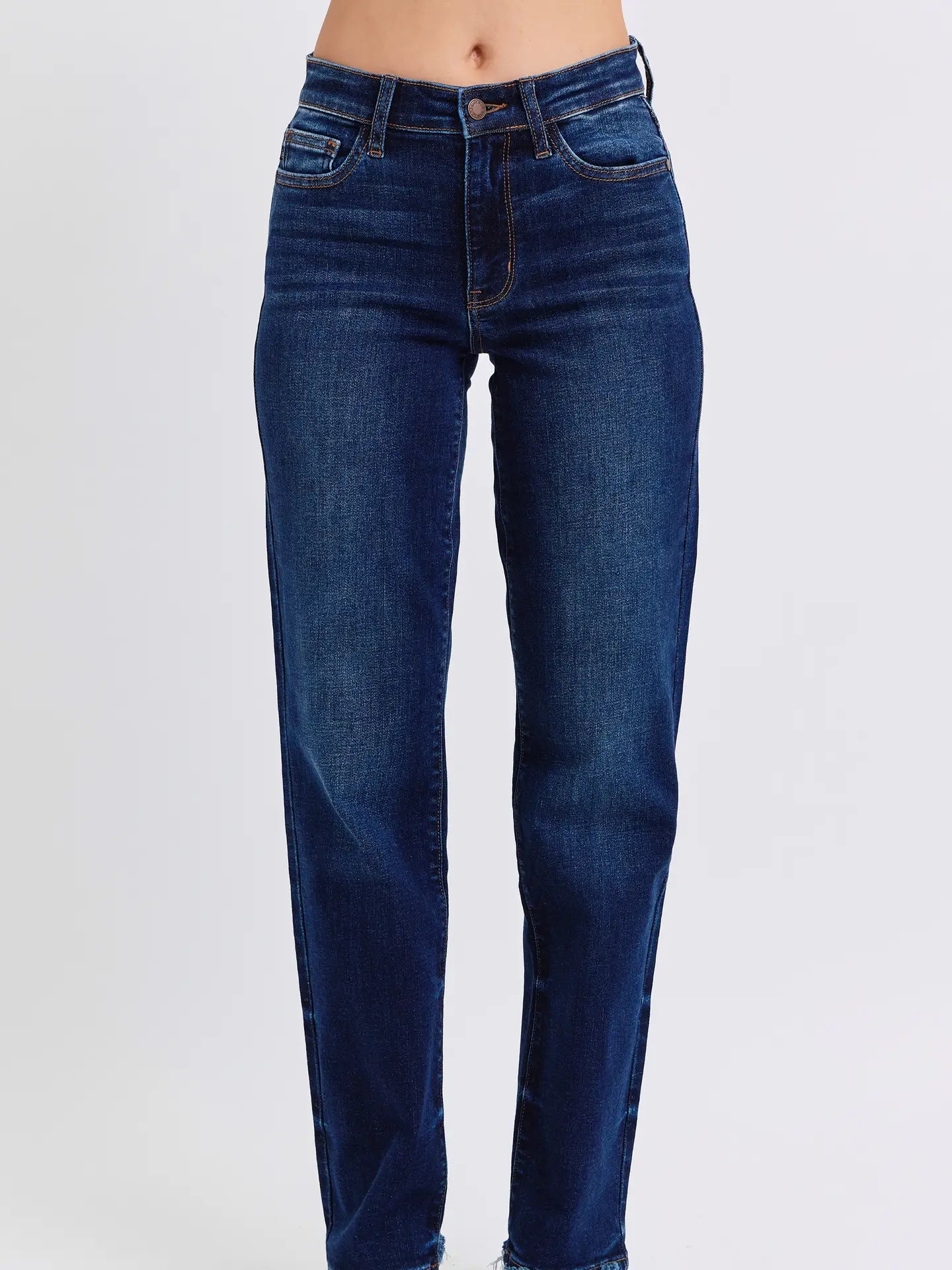 Dark Blue Mid Rise Straight Leg with Fray Hem Jeans