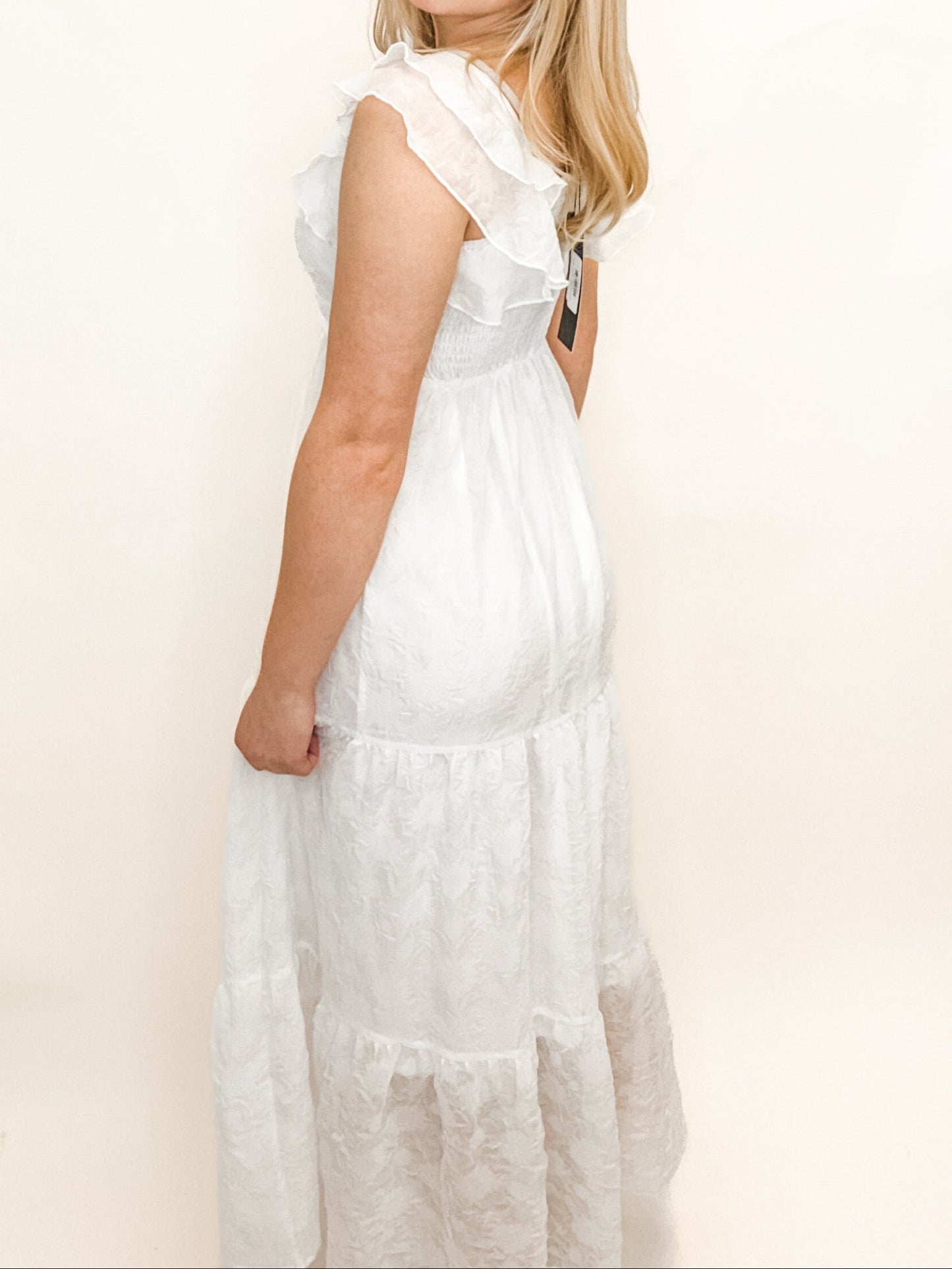 White Textured Ruffle Midi Dress