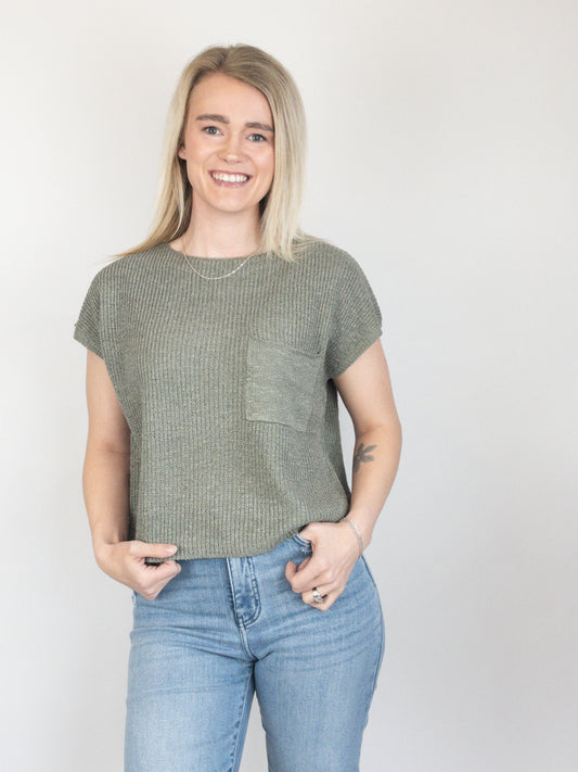 Olive Patch Pocket Dolman Sweater Top
