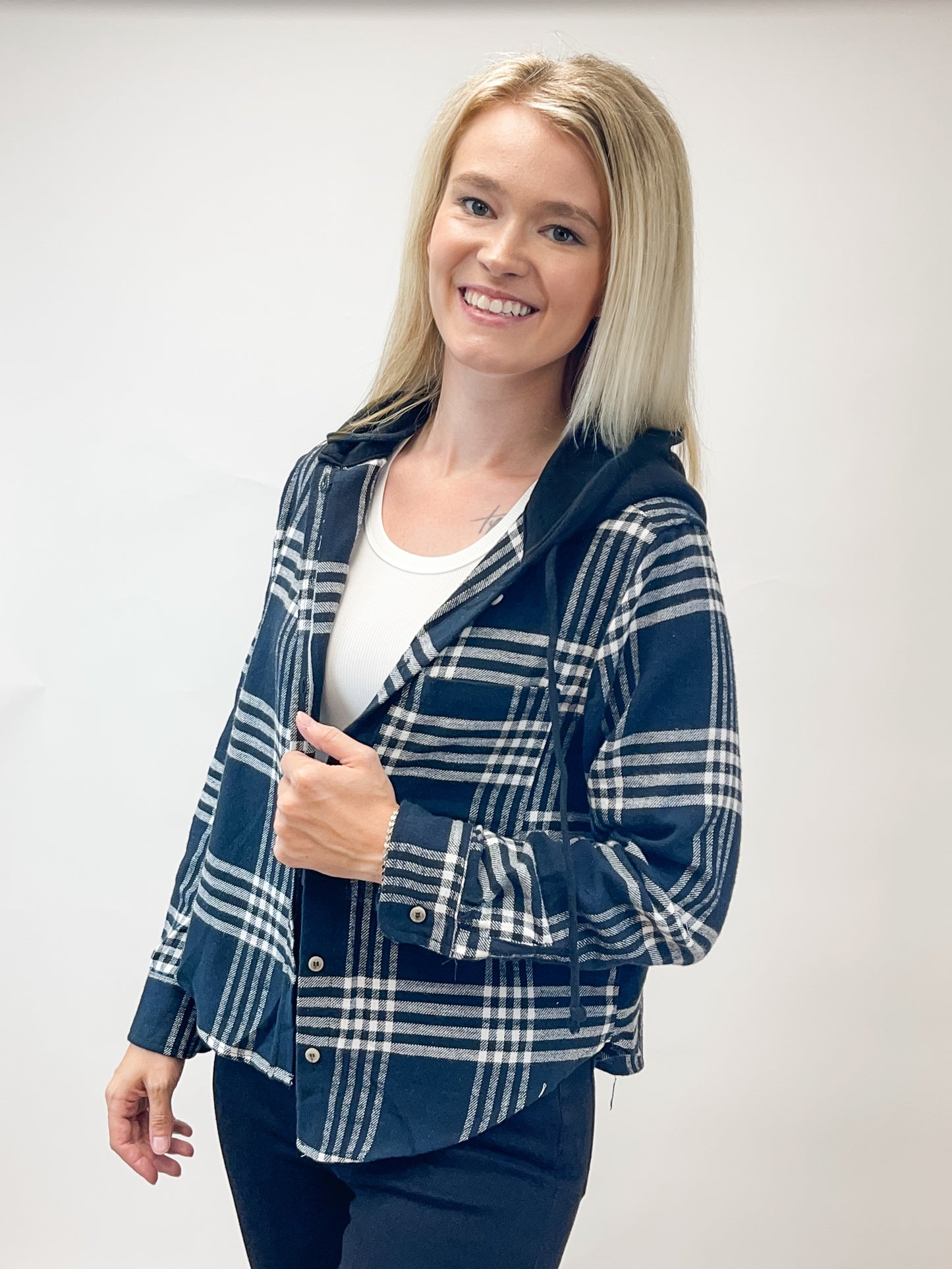 Black + White Hooded Flannel