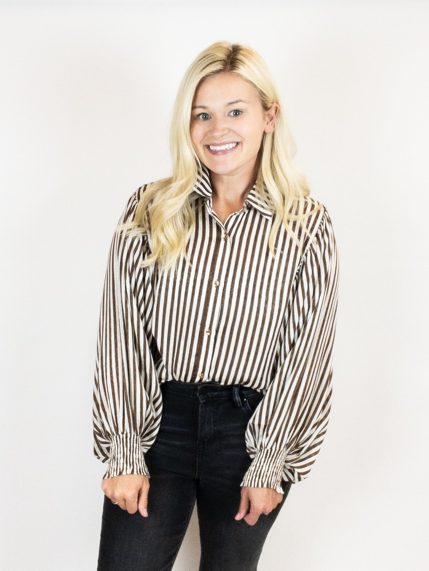 Brown Stripe Bubble Sleeve Blouse