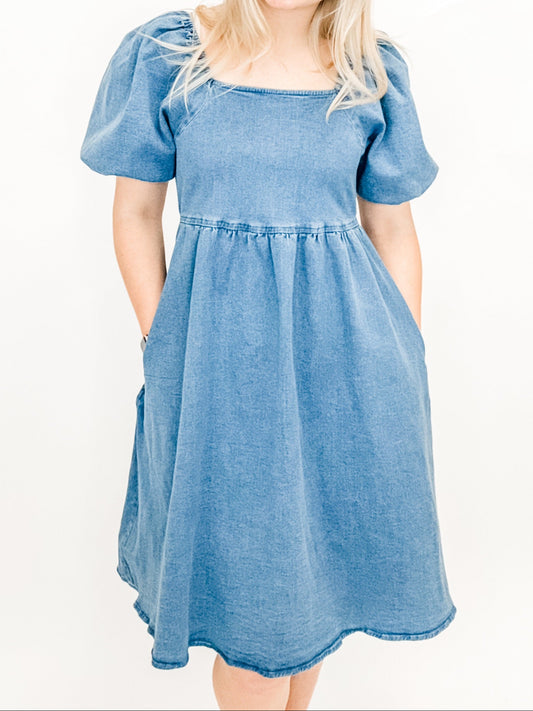 Mikarose Denim Puff Sleeve Square Neck Dress