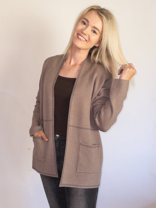 Jacquard Stitch Mocha Cardigan with brown tank top