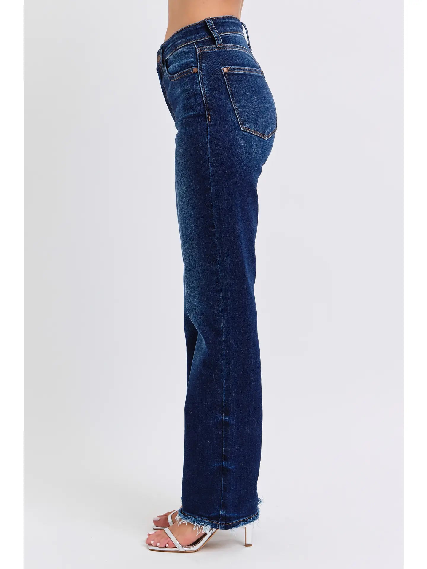 Dark Blue Mid Rise Straight Leg with Fray Hem Jeans