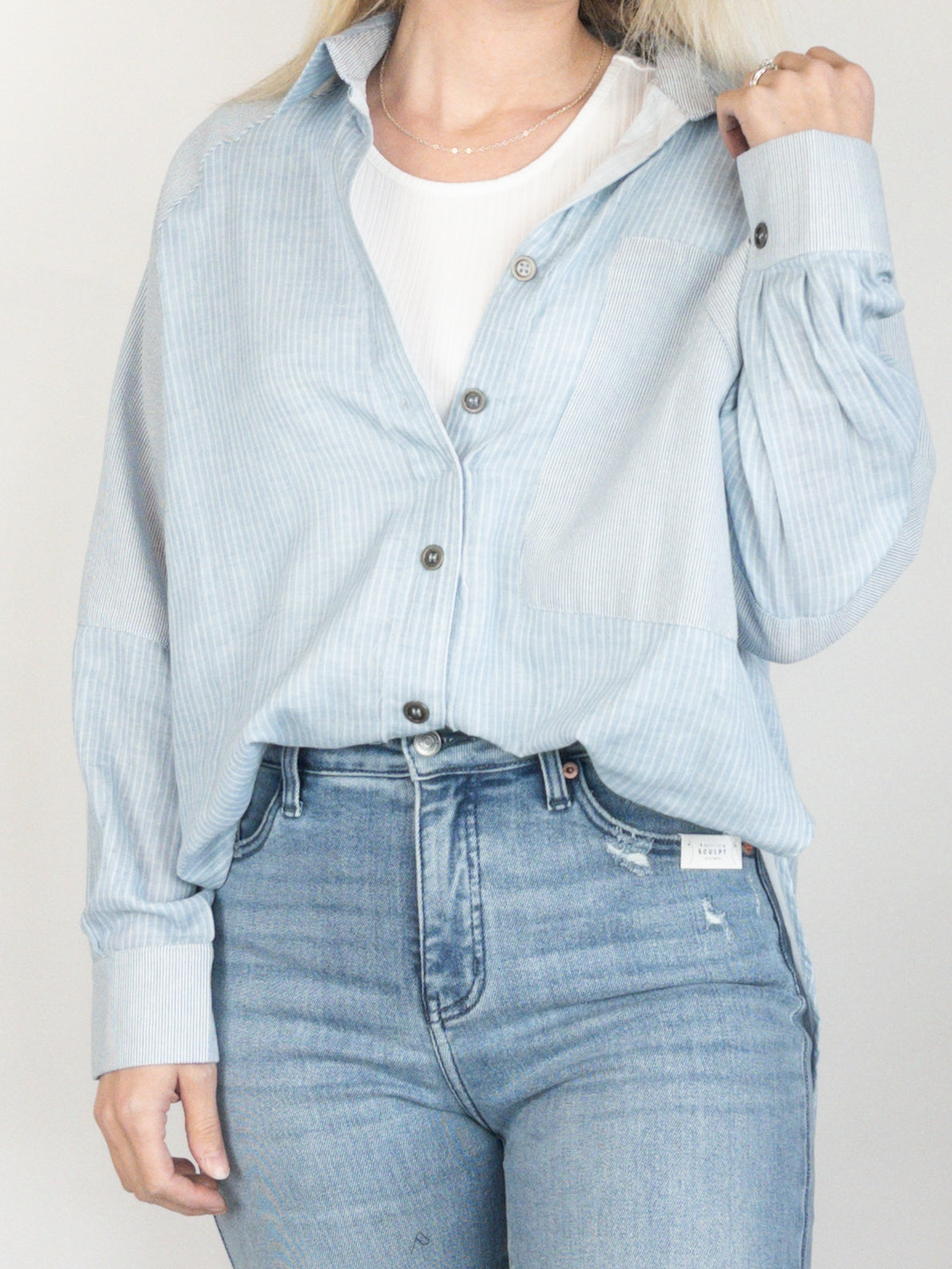 Blue Mixed Stripe Oversized Button Down Top