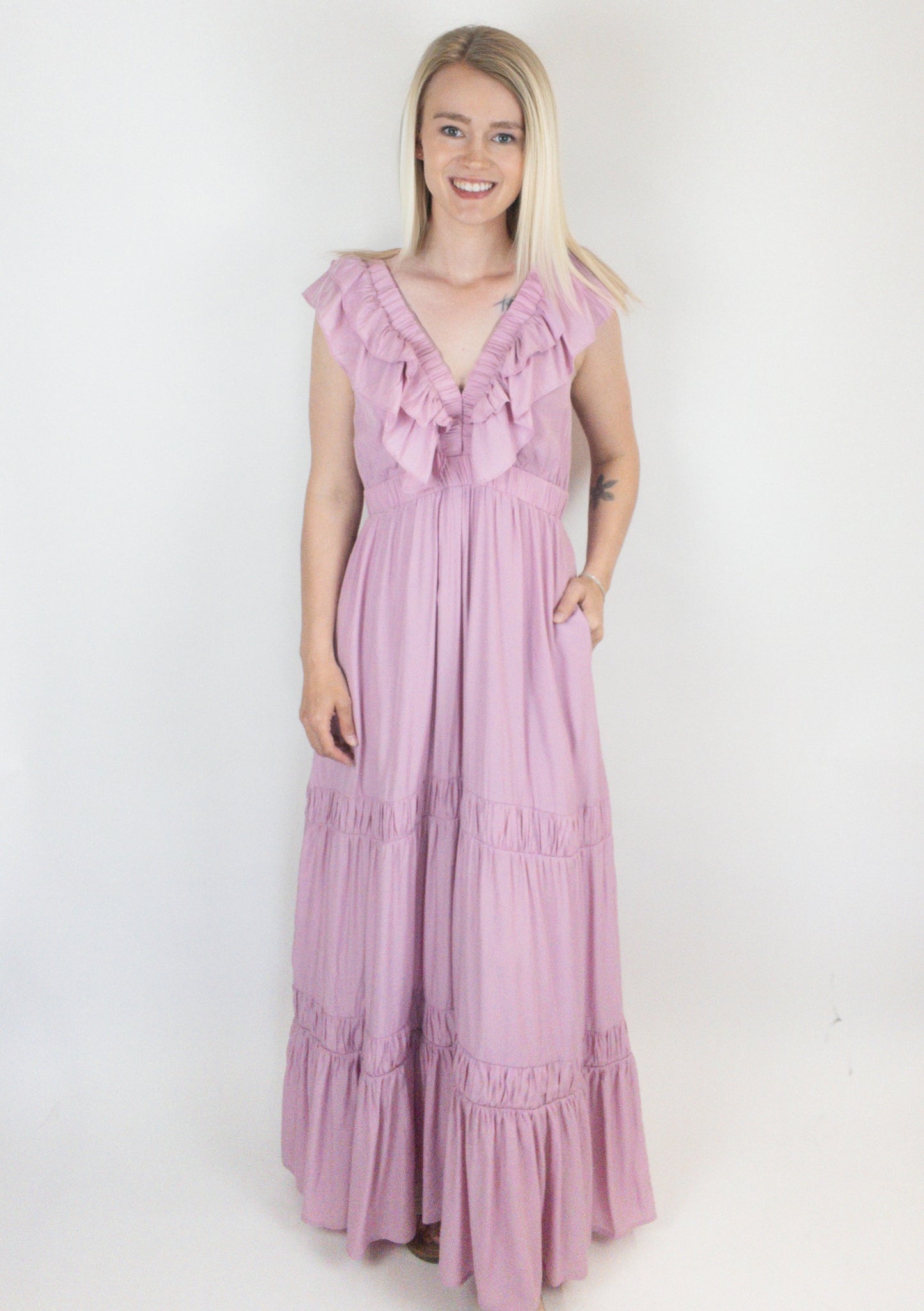Lilac Rose Ruffle Maxi Dress