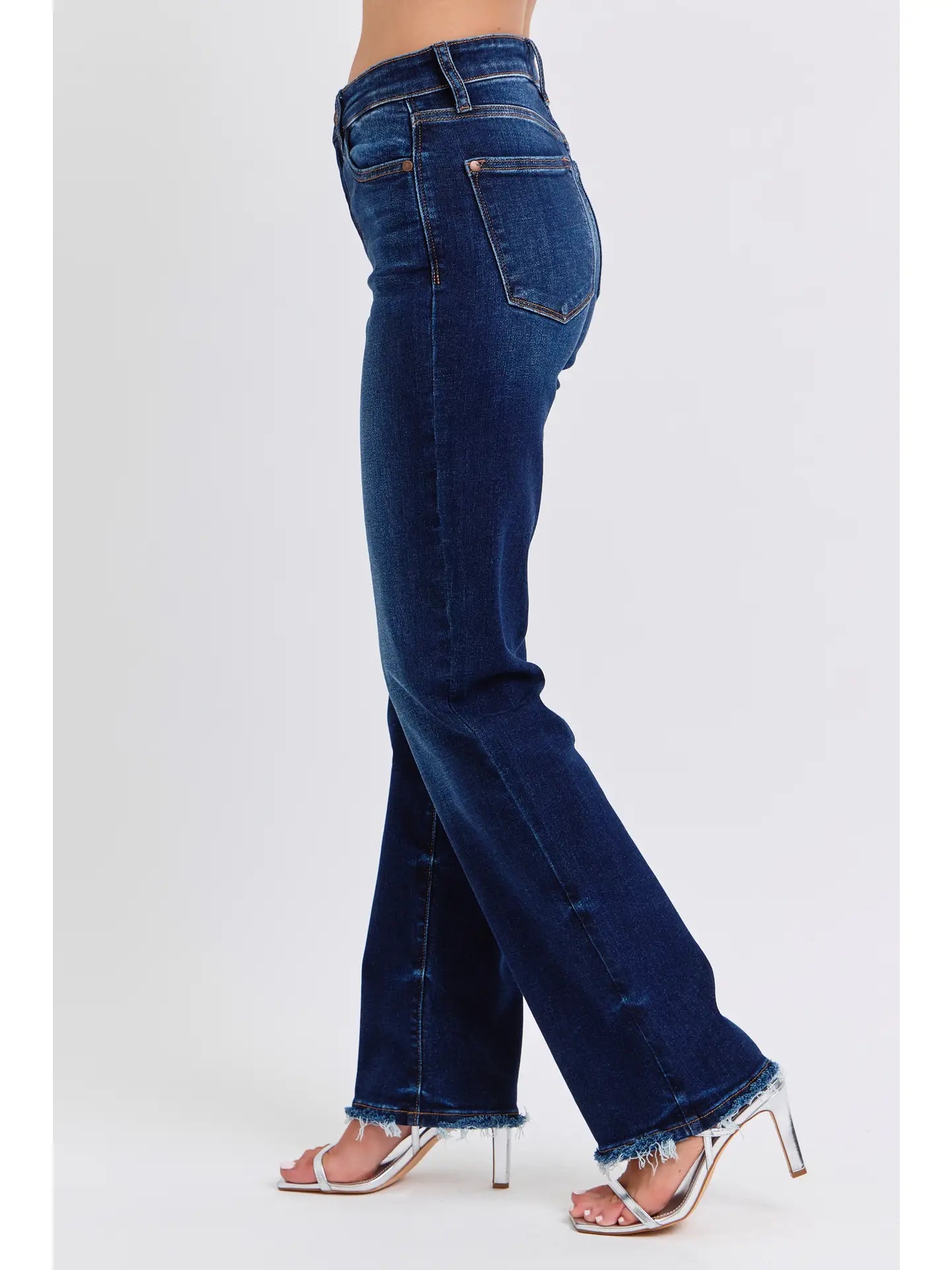 Dark Blue Mid Rise Straight Leg with Fray Hem Jeans