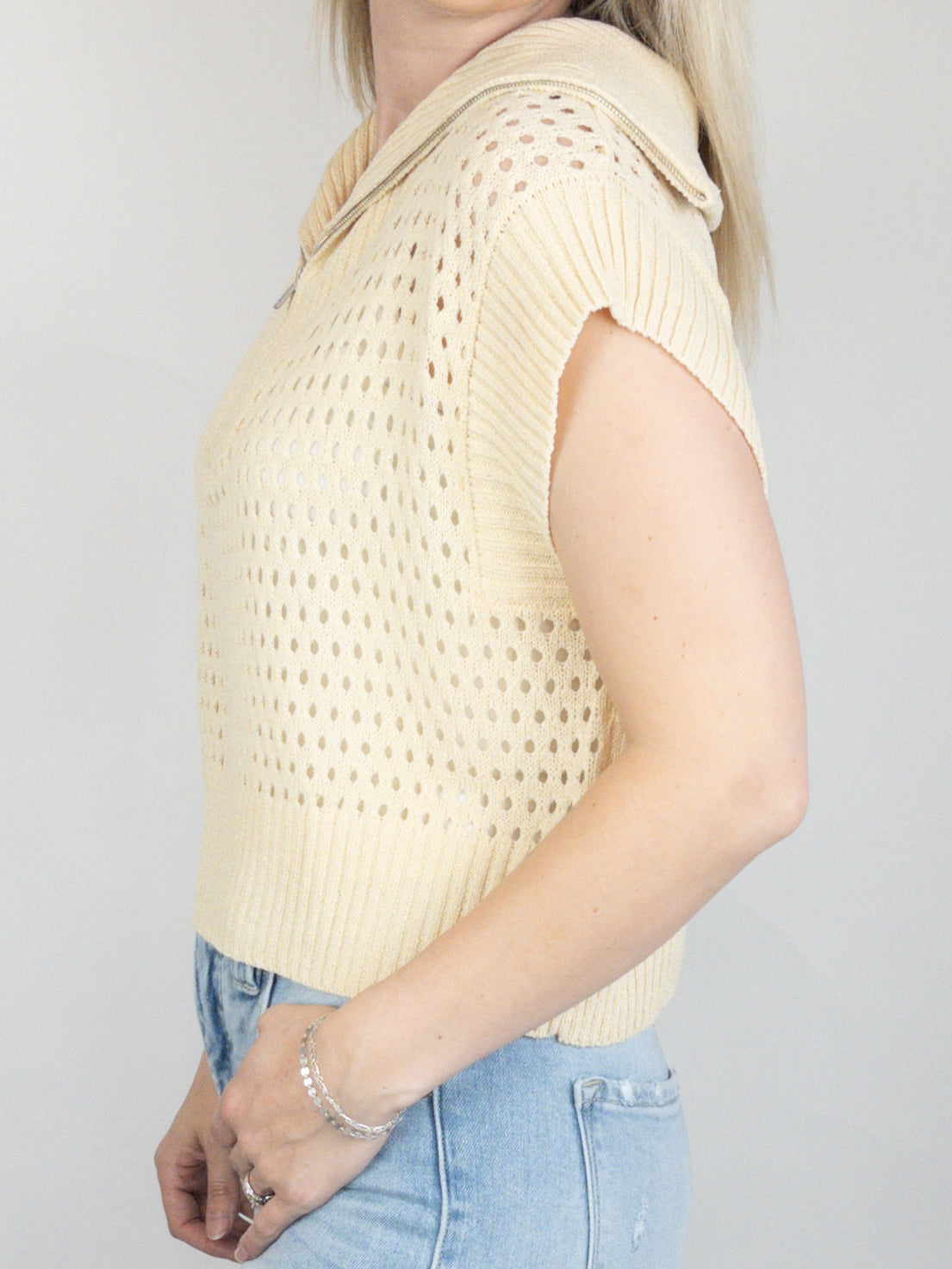 Butter Fishnet Zip-Up Sweater Top