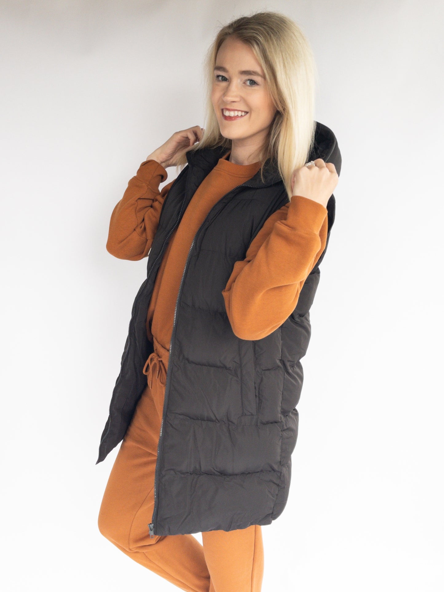 Black Hooded Zipper Down Long Puffer Vest
