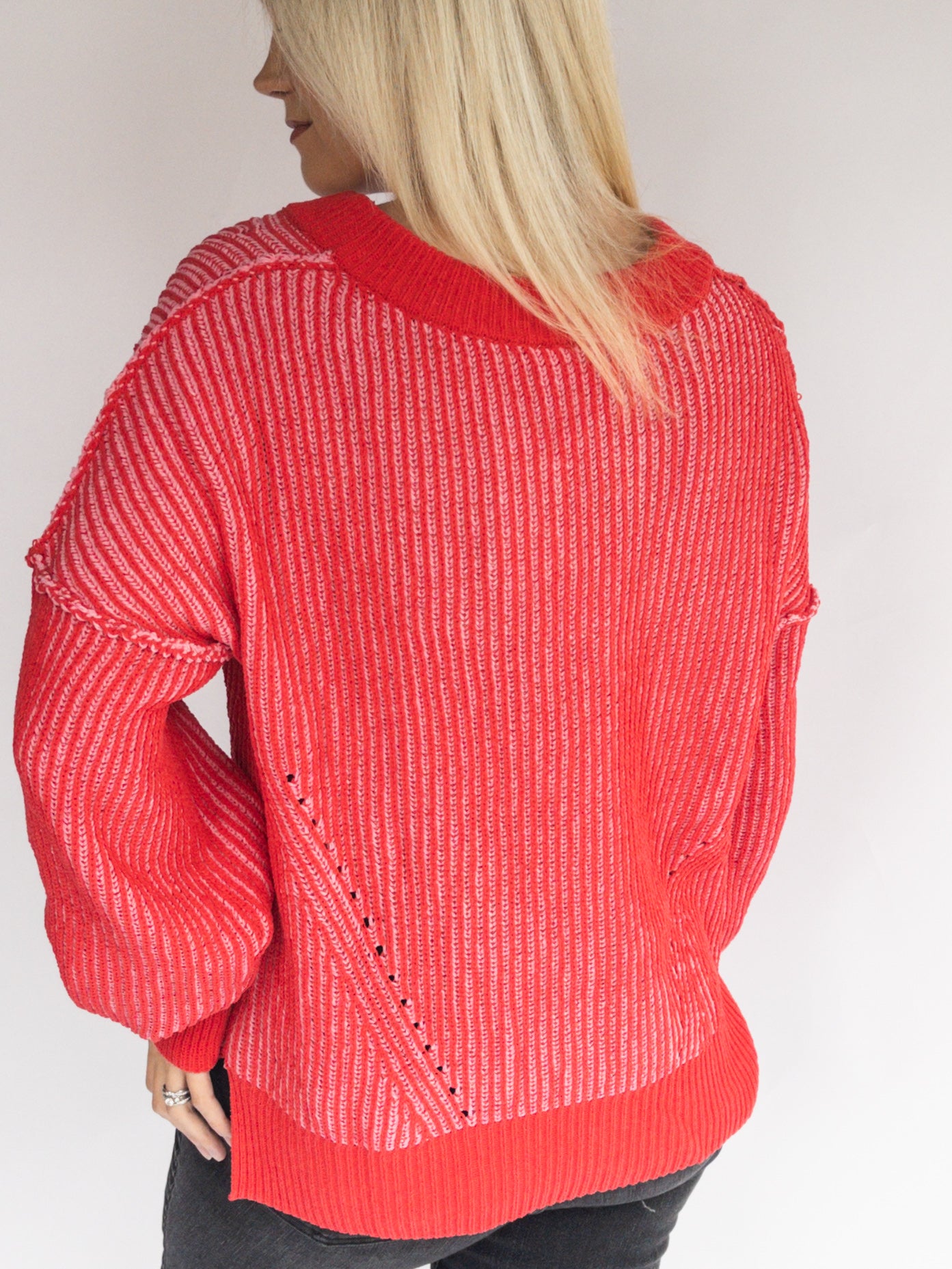 Red Ribbed V-Neck Sweater