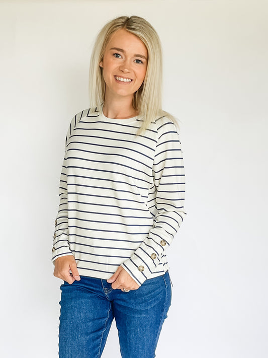Stripe Scuba Knit Button-Sleeve Crew Neck Top