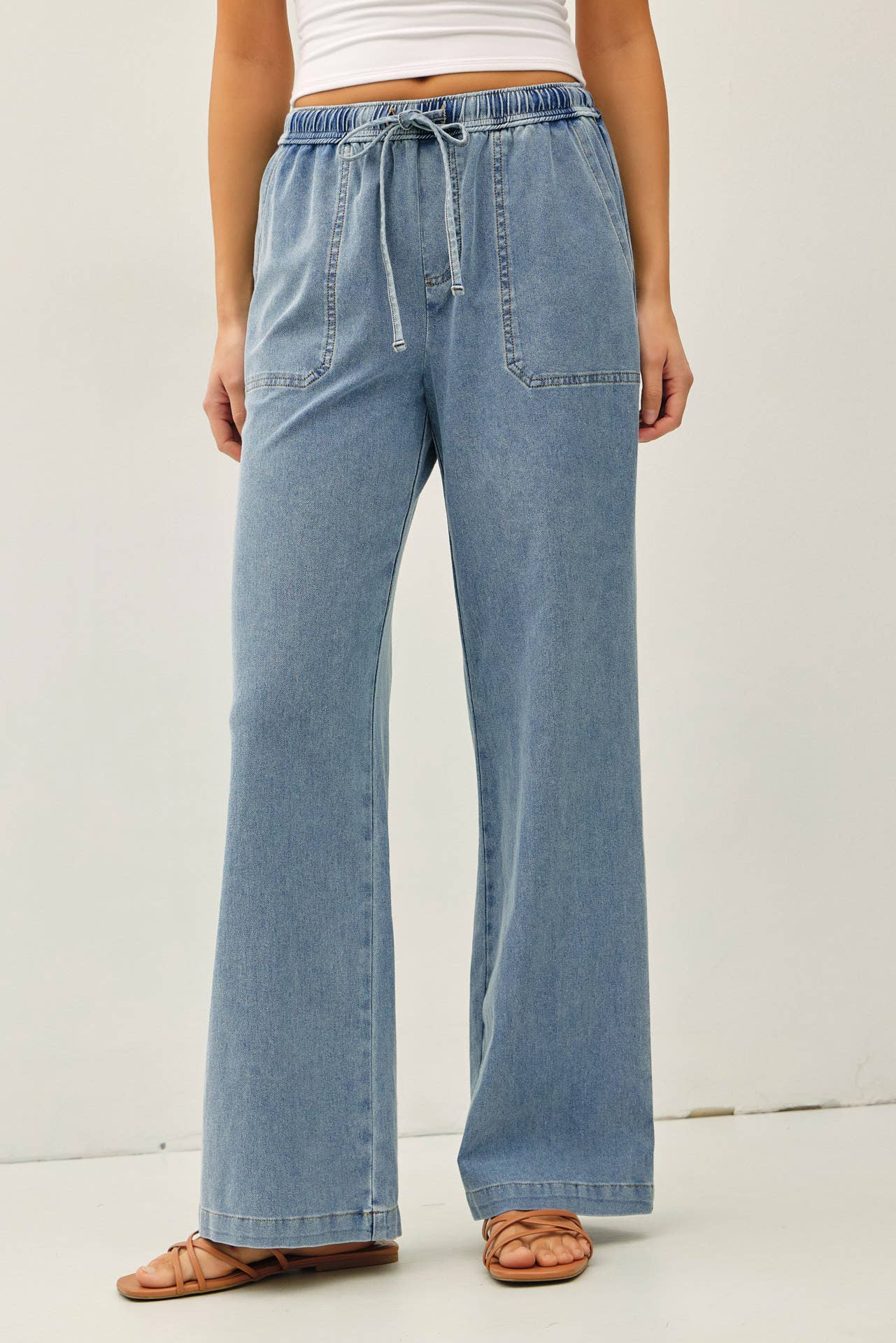 Medium Wash Knit Denim Wide Leg Pants