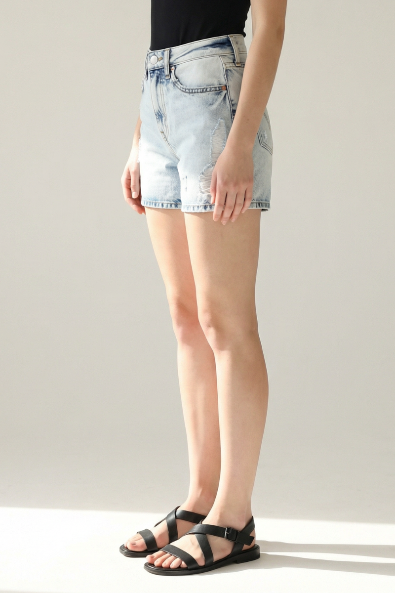Hybrid Style High Rise Midi Denim Shorts - Light Acid Wash