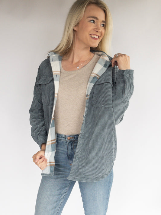 Cord + Check Reversible Shacket - Blue Stone