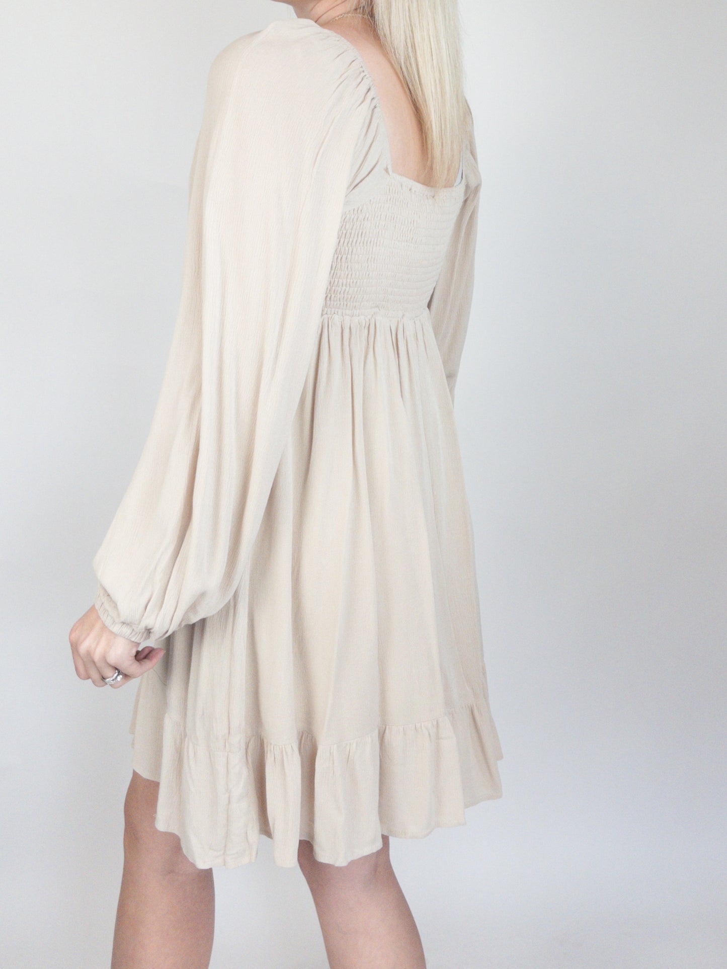 Ecru Textured Square Neck Puff Sleeve Midi Dress
