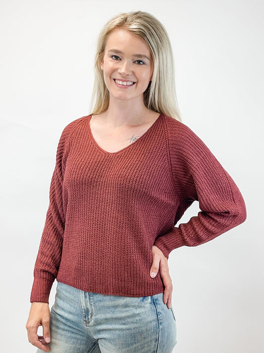 Wine V-Neck Long Sleeve Raglan Sweater