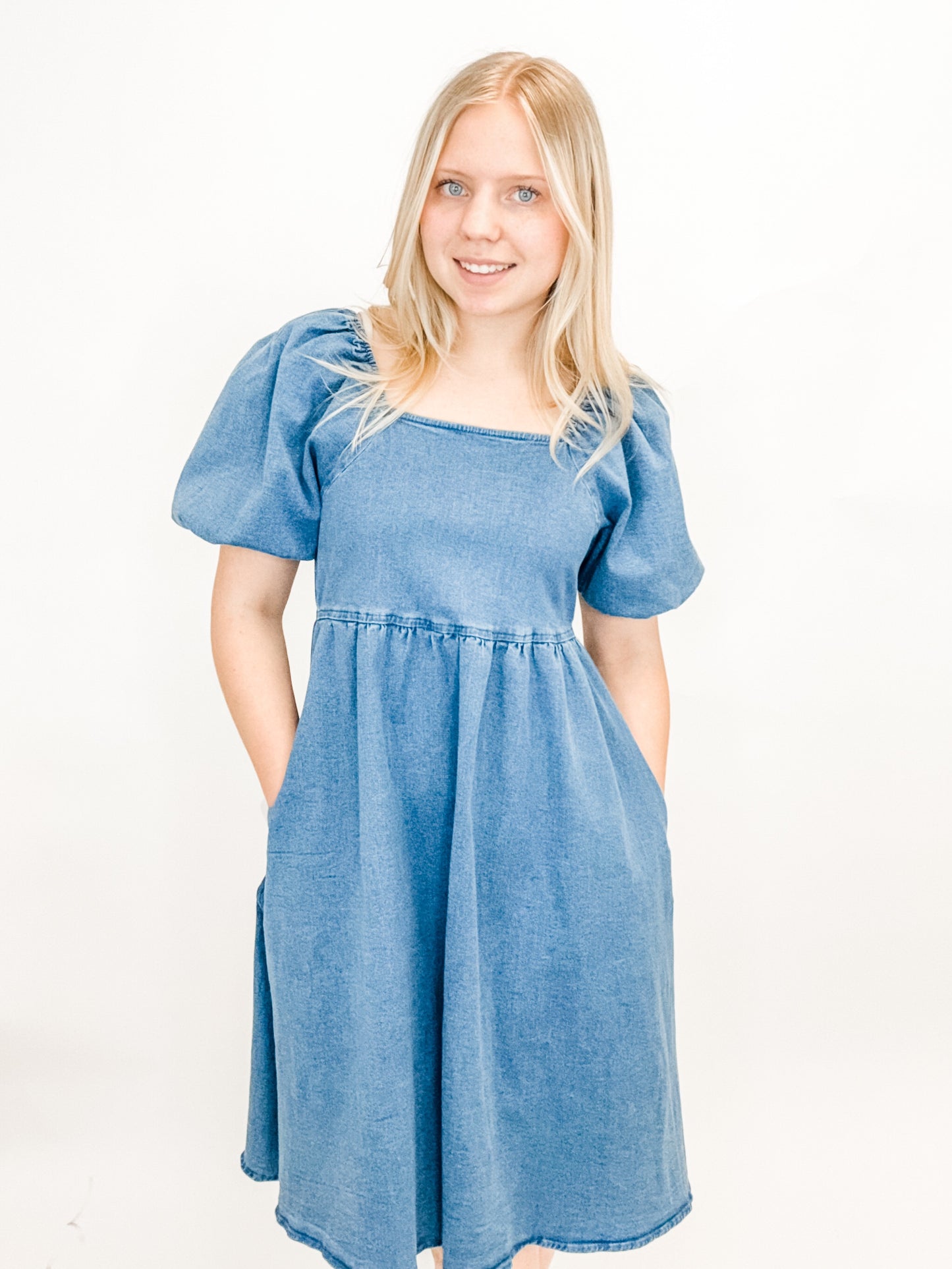 Denim Puff Sleeve Square Neck Dress