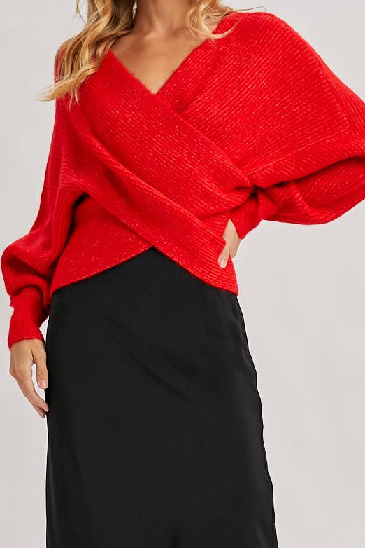 Ruby Wrap Crossover Ribbed Fuzzy Knit Sweater