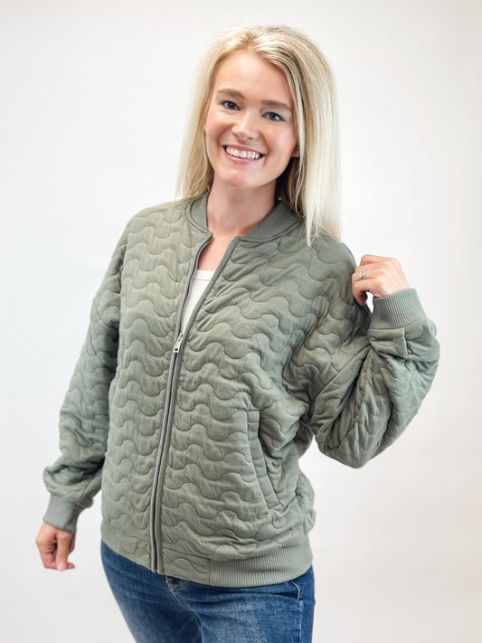 Olive Comfy Wave Quilted Bomber Jacket