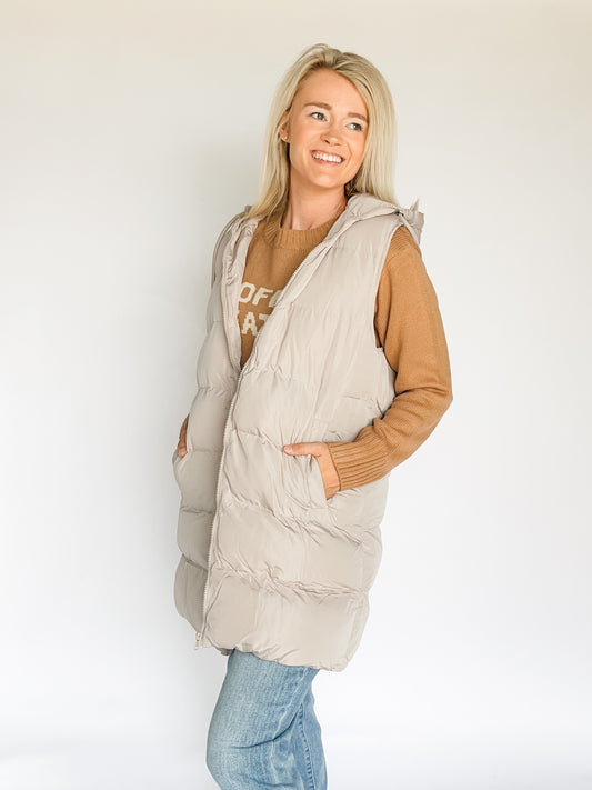 Beige Hooded Zipper Down Long Puffer Vest