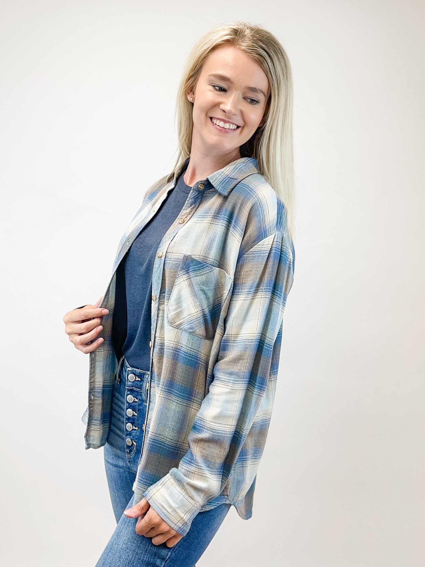 Retro Blue Vintage Plaid Boxy Shirt