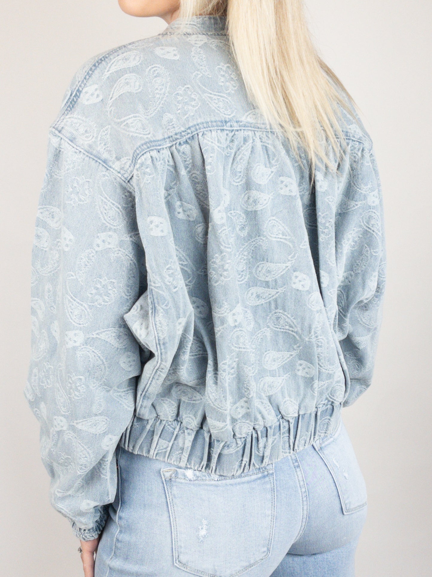 Paisley Ruched Denim Bomber Jacket