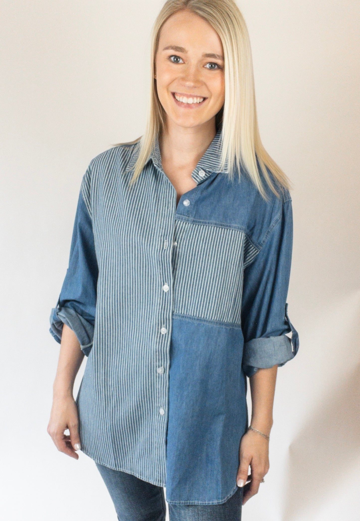 Mineral Washed Pinstripe Color Block Shirt