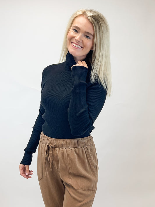 Black Wholegarment Mock Neck Ribbed Knit Top