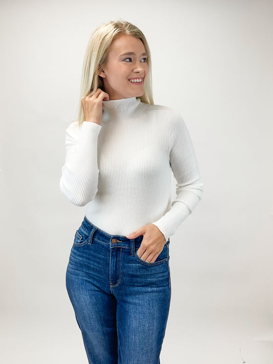 Ivory Wholegarment Mock Neck Ribbed Knit Top
